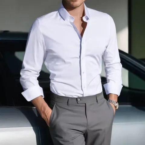 Camisa de Vestir Formal de Negocios para Hombre Mezcla de Algodón Poliéster Slim Fit Manga Larga Ropa de Trabajo Profesional