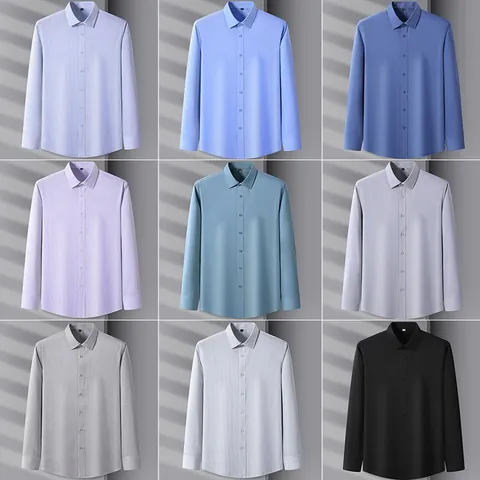 Chemise Habillée Homme Manches Longues Mélange Modal Polyester Sans Repassage Couleur Unie Haut de Travail Formel