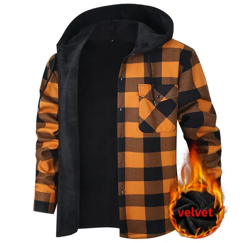 Men's Casual Hooded Flannel Plaid Shirt Jacket With Warm Fleece Lining Long Sleeve Thickened Button Down Plaid Shirt For Winter