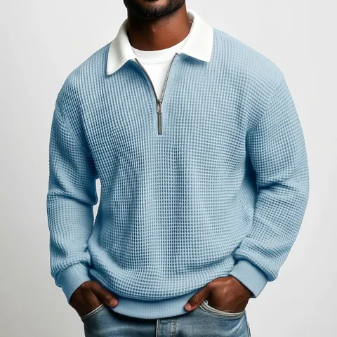 Men's Waffle Knit Quarter Zip Pullover Sweatshirt Long Sleeve Polo Collar Solid Color Casual Outdoor Top