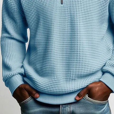 Men Waffle Knit Polo Shirt Long Sleeve Quarter Zip Contrast Lapel Casual Solid Color Fashion Pullover Top