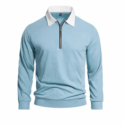 Men's Waffle Knit Quarter Zip Pullover Sweatshirt Long Sleeve Polo Collar Solid Color Casual Outdoor Top