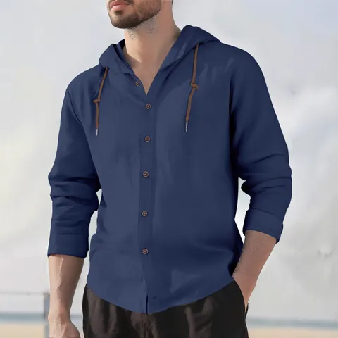 Men Casual Cotton Hooded Shirt Long Sleeve Solid Color Breathable Hawaiian Beach Top Drawstring Loose Fit Casual Shirts