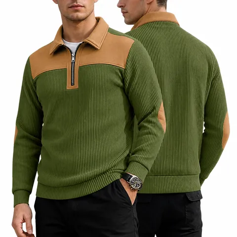 Men Color Block Quarter Zip Sweatshirt Knitted Ribbed Top With Elbow Patches Retro Casual Long Sleeve Pullover