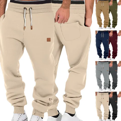 Men Jogger Pants Sports Sweatpants Polyester Elastane Drawstring Casual Trousers Ribbed Cuffs Pockets Solid Color