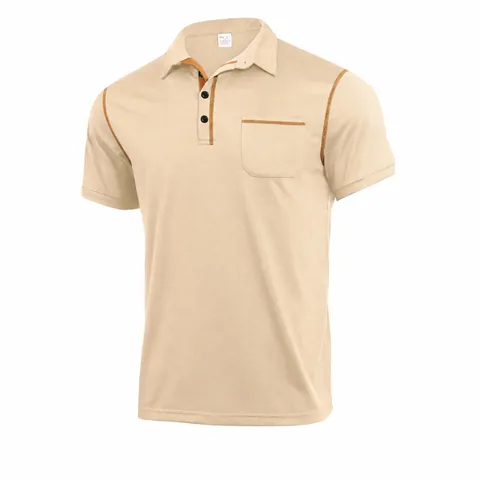 Men's Short Sleeve Polo Shirt Polyester Breathable Solid Color Contrast Stitching Lapel Business Casual Top For Summer