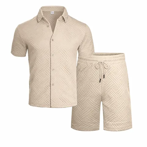 Men Summer Casual Jacquard Shirt And Shorts Set Short Sleeve Button Up Top And Bottom Solid Color Textured Breathable Outfit