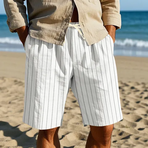 Men's Summer Striped Linen Shorts Casual Straight Leg Beach Shorts With Elastic Drawstring Waist Breathable Bottom