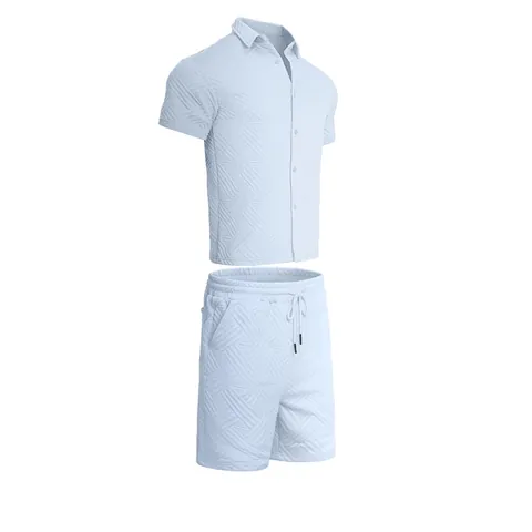 Men Summer Casual Jacquard Shirt And Shorts Set Short Sleeve Button Up Top And Bottom Solid Color Textured Breathable Outfit