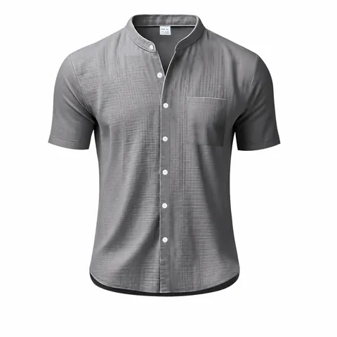 Men Summer Casual Linen Blend Shirt Short Sleeve Stand Collar Solid Color Button Down Beach Top Relaxed Fit Fashion Shirt