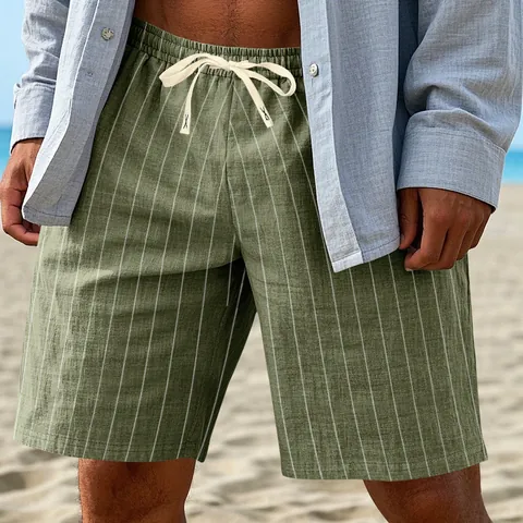 Men Casual Linen Striped Shorts Loose Fit Drawstring Elastic Waist Summer Beach Bottoms Fashion Breathable Comfortable Daily Shorts