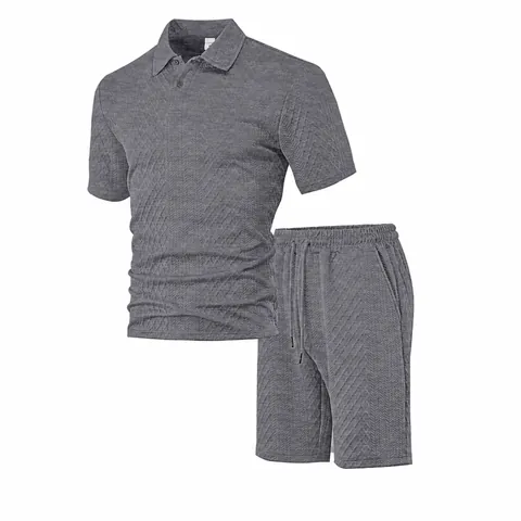 Traje Deportivo Casual Hombre Polo y Pantalones Cortos Top And Bottom Verano Transpirable Holgado Punto Texturizado