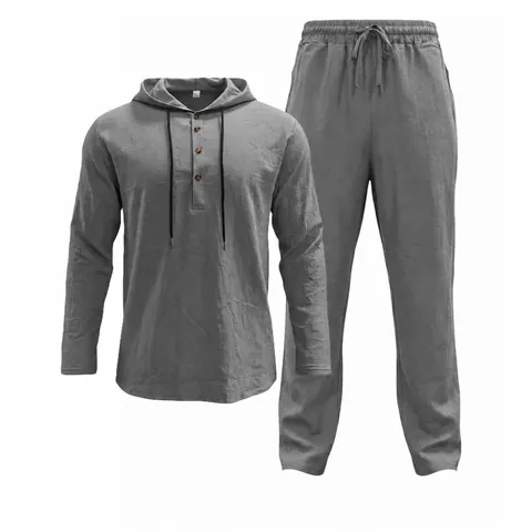 Traje Casual de Mezcla de Lino para Hombre Top And Bottom Color Sólido Manga Larga con Capucha y Pantalones para Vacaciones