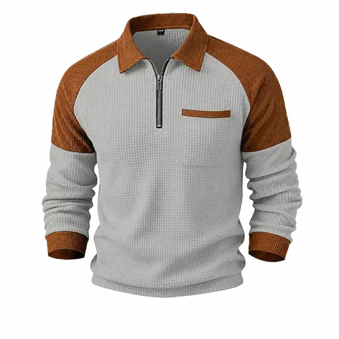 Men's Casual Waffle Knit Polyester Half-Zip Polo Shirt Long Sleeve Color Block Sweatshirt Top Urban Fashion Retro Clothing