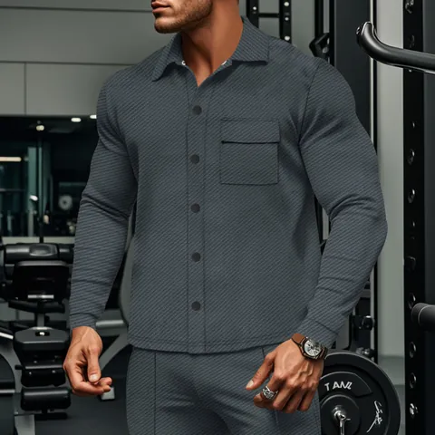 Men Long Sleeve Shirt Jacket Heavy Twill Lapel Buttons Polyester Blend Solid Color Slim Fit Casual Top