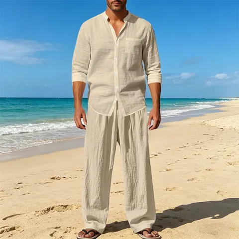 Ανδρικό Casual Λινό Σετ Δύο Τεμαχίων Πουκάμισο με Όρθιο Γιακά και Κουμπιά με Μακρύ Μανίκι και Παντελόνι με Κορδόνι Top και Bottom Αναπνεύσιμο Σύνολο Διακοπών