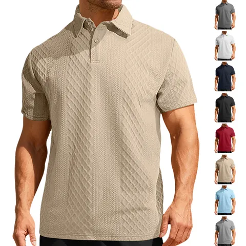 Men's Summer Casual Jacquard Ribbed Texture Polo Shirt Short Sleeve Breathable Solid Color Top Fashion Loose Fit Polo For Men