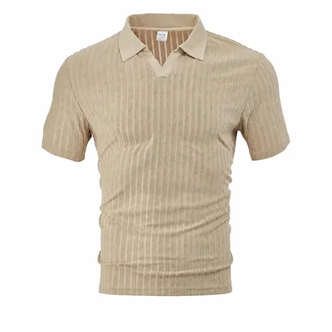 Men Summer Casual Short Sleeve Polo Shirt Towel Jacquard Striped Lapel V Neck Breathable Polyester Fashion Outdoor Top