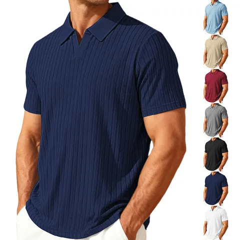 Men Summer Casual Short Sleeve Polo Shirt Towel Jacquard Striped Lapel V Neck Breathable Polyester Fashion Outdoor Top