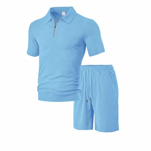 Heren Zomer Casual Jacquard Handdoekstof Top And Bottom Set Rits Polo Shirt En Trekkoord Shorts Outfits Sportpakken