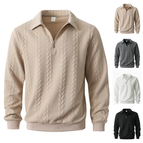 Felpa da Uomo in Maglia Jacquard con Mezza Zip Colletto Polo Manica Lunga Pullover Casual Top Sportivo Moda Strutturata Abbigliamento Autunno Inverno