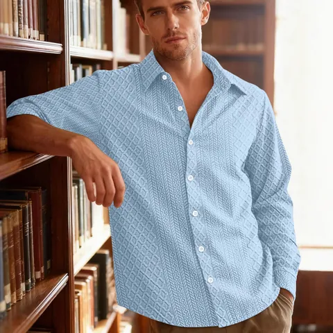 Camisa Informal Hombre Punto Jacquard Manga Larga Patrón Geométrico Diamante Cuello Solapa Botones Estilo Urbano