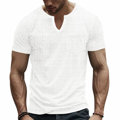 Men T-Shirt Polyester Jacquard Waffle Texture V Neck Short Sleeve Breathable Casual Henley Top With Chest Pocket