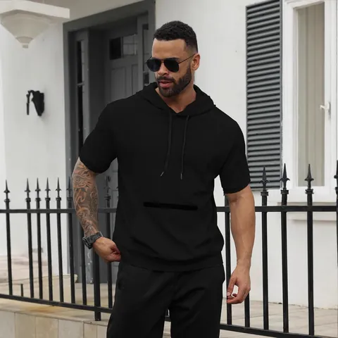 Men Hooded T-Shirt Waffle Knit Short Sleeve Casual Solid Color Urban Summer Top Drawstring Kangaroo Pocket Breathable
