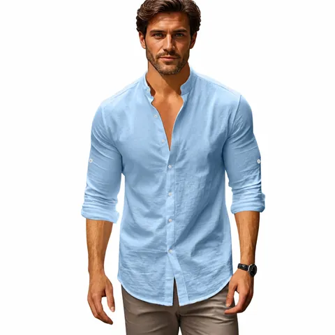 Men's Cotton Linen Henley Shirt Casual Stand Collar Long Sleeve Summer Breathable Woven Solid Color Shirt Top