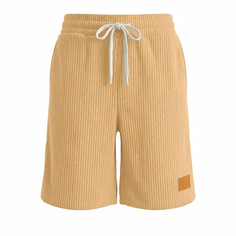 Short en Velours Côtelé Vintage pour Hommes Décontracté Cordon de Serrage Taille Élastique Bottom avec Étiquette en Cuir Brodée Été