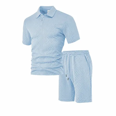 Ανδρικό Καλοκαιρινό Casual Ζακάρ Polo Μπλουζάκι και Σορτς Σετ Επάνω και Κάτω Μέρος Αναπνεύσιμο Μονόχρωμο Κοντό Μανίκι
