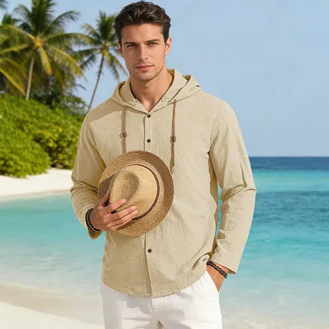 Herren Casual Langarm Kapuzenhemd 100% Baumwolle Atmungsaktiv Einfarbig Button-Down-Hemd mit Kordelzug für Urlaub Strand