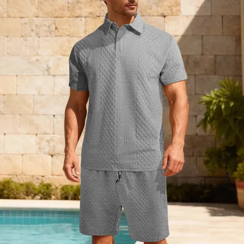 Ανδρικό Καλοκαιρινό Casual Ζακάρ Polo Μπλουζάκι και Σορτς Σετ Επάνω και Κάτω Μέρος Αναπνεύσιμο Μονόχρωμο Κοντό Μανίκι