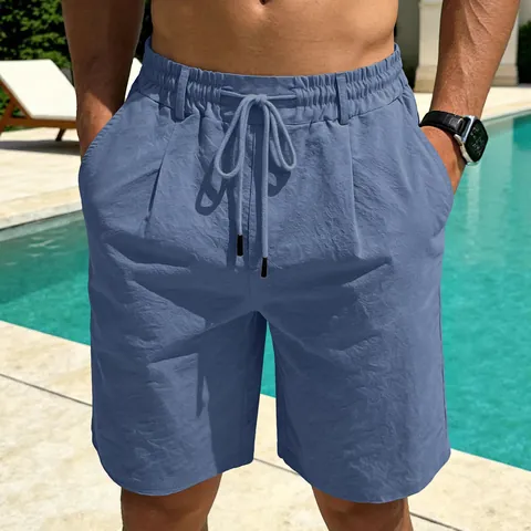 Men Casual Cotton Linen Shorts Summer Breathable Quick Dry Solid Color Elastic Waist Drawstring Beach Bottom For Outdoor Sport