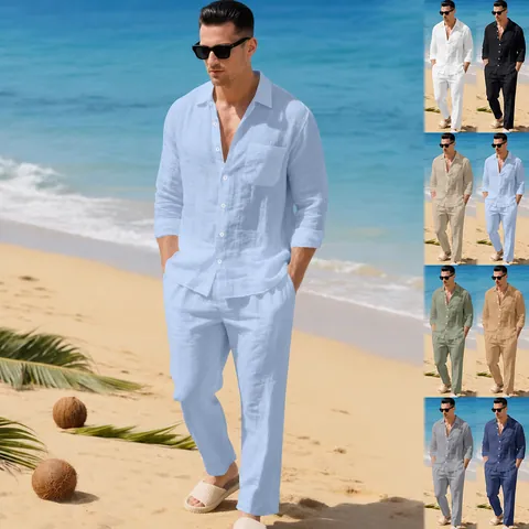 Men Casual Linen Top And Bottom Solid Color Lapel Button Down Long Sleeve Shirt And Trousers Spring Vacation Beach Outfits
