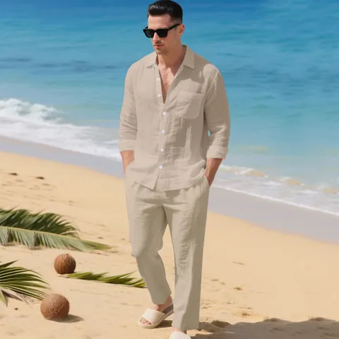 Men Casual Linen Top And Bottom Solid Color Lapel Button Down Long Sleeve Shirt And Trousers Spring Vacation Beach Outfits