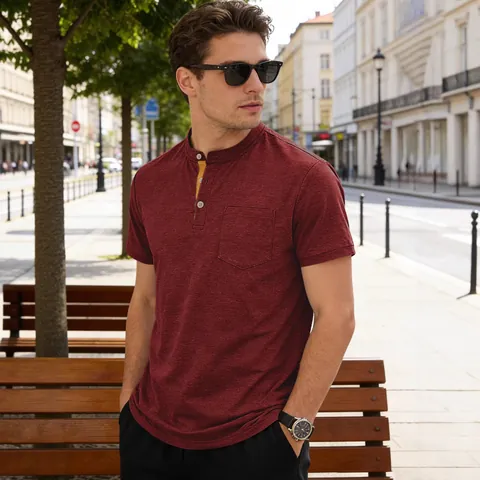 Haut Henley Décontracté pour Homme Manches Courtes Mélange de Coton Respirant Polo avec Poche Poitrine Couleur Unie Mode Été