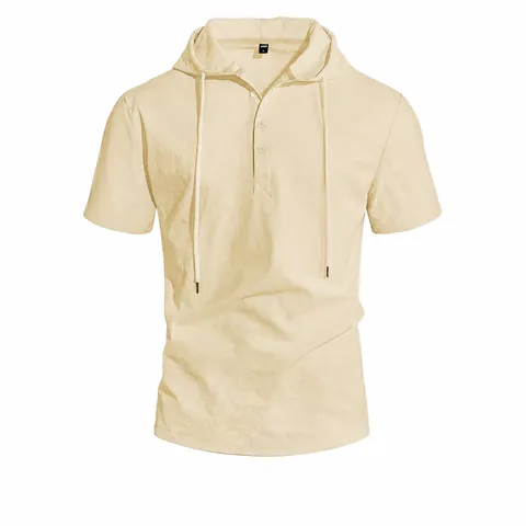 T-Shirt Décontracté pour Hommes en Coton et Lin à Capuche Manches Courtes Respirant Couleur Unie Col Henley Coupe Large Été