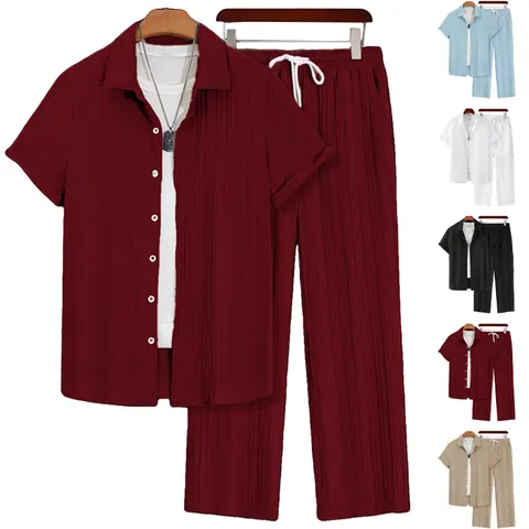 Men's Casual Hawaiian Shirt Set Short Sleeve Button Up Top And Long Pants Plisse Textured Summer Vacation Two Piece Outfits