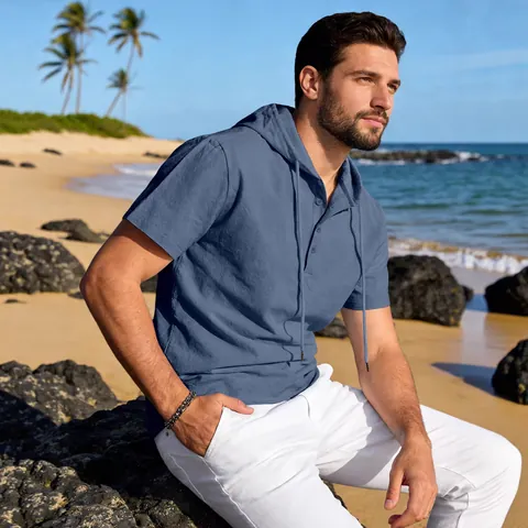T-Shirt Décontracté pour Hommes en Coton et Lin à Capuche Manches Courtes Respirant Couleur Unie Col Henley Coupe Large Été