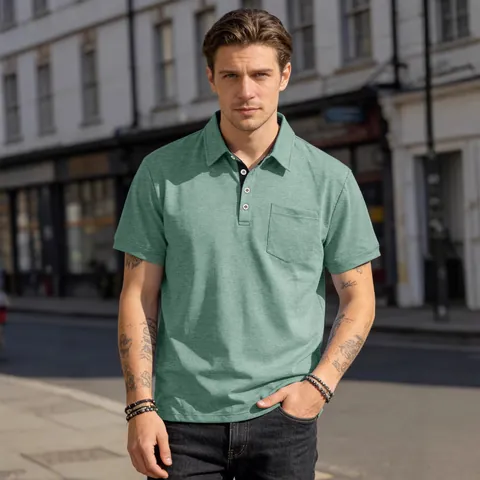 Men Business Casual Short Sleeve Polo Shirt Cotton Blend Solid Color Lapel Top With Pocket For Summer Everyday Fashion