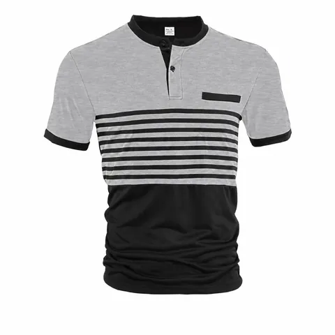 Men Business Casual Striped Patchwork Polo Shirt Breathable Polyester Elastane Henley Neck Short Sleeve Top For Summer