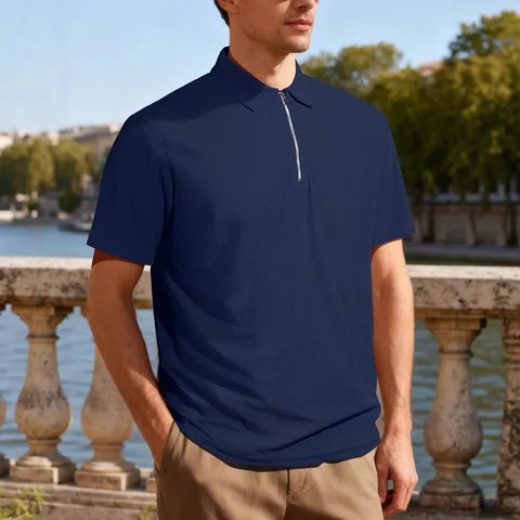 Polo de Manga Corta Casual para Hombre Tela Jacquard de Toalla Tapeta con Cremallera Solapa Ajuste Holgado Moda de Verano Top