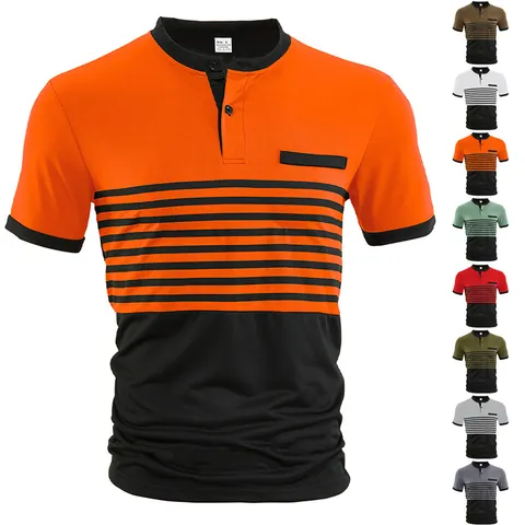 Men Business Casual Striped Patchwork Polo Shirt Breathable Polyester Elastane Henley Neck Short Sleeve Top For Summer