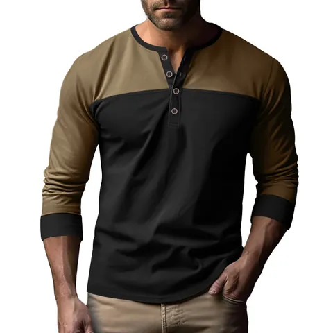 Ανδρικό Μακρυμάνικο Μπλουζάκι Henley Color Block Πολυεστέρας Ελαστάνη Slim Fit Casual Retro Top