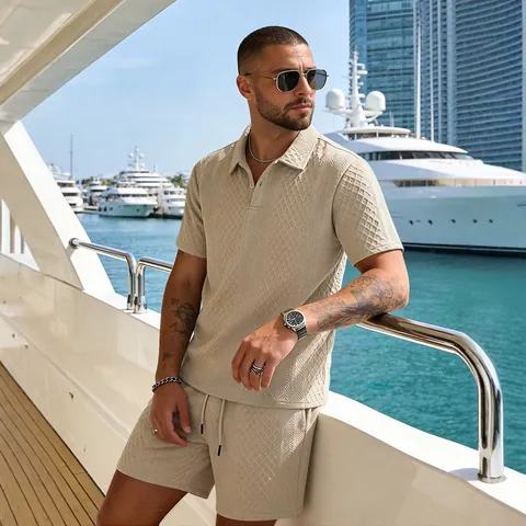 Men Casual Texture Jacquard Polo Shirt and Shorts Breathable Sportswear Short Sleeve Top And Bottom Fashion Outfit