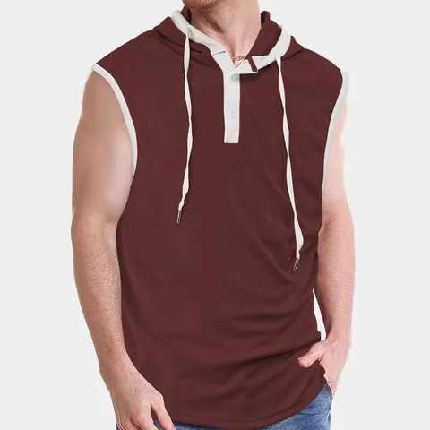 Men's Sleeveless Hooded Sports Tank Top Quick Dry Mesh Workout Vest With Button Neck Drawstring Contrast Trim Gym Activewear Top