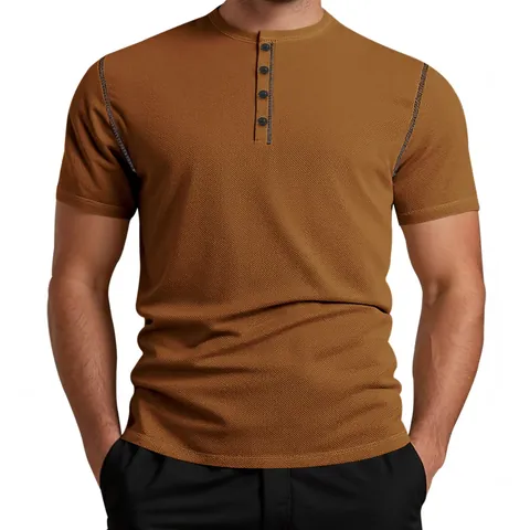 Men Retro Polyester Waffle Knit Polo Shirt Short Sleeve Henley Neck Solid Color Loose Casual Top With Button Placket