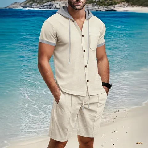 Men Summer Waffle Knit Henley Shirt Hooded Contrast Color Short Sleeve Casual Loose Button Up Shirt Men Clothing Top