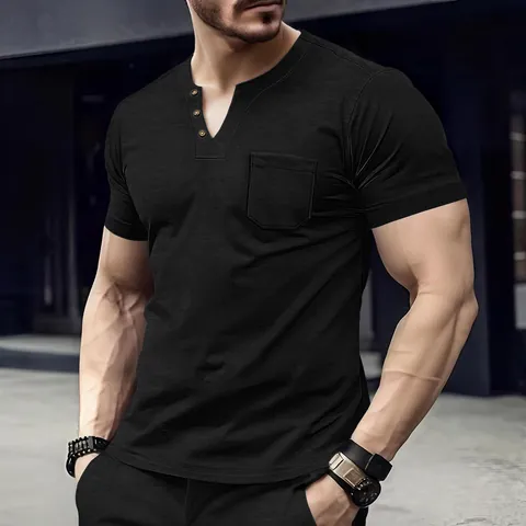 Men's Casual Short Sleeve Henley T-Shirt V-Neck Slim Fit Polyester Top With Chest Pocket Solid Color Summer Fashion Shirt